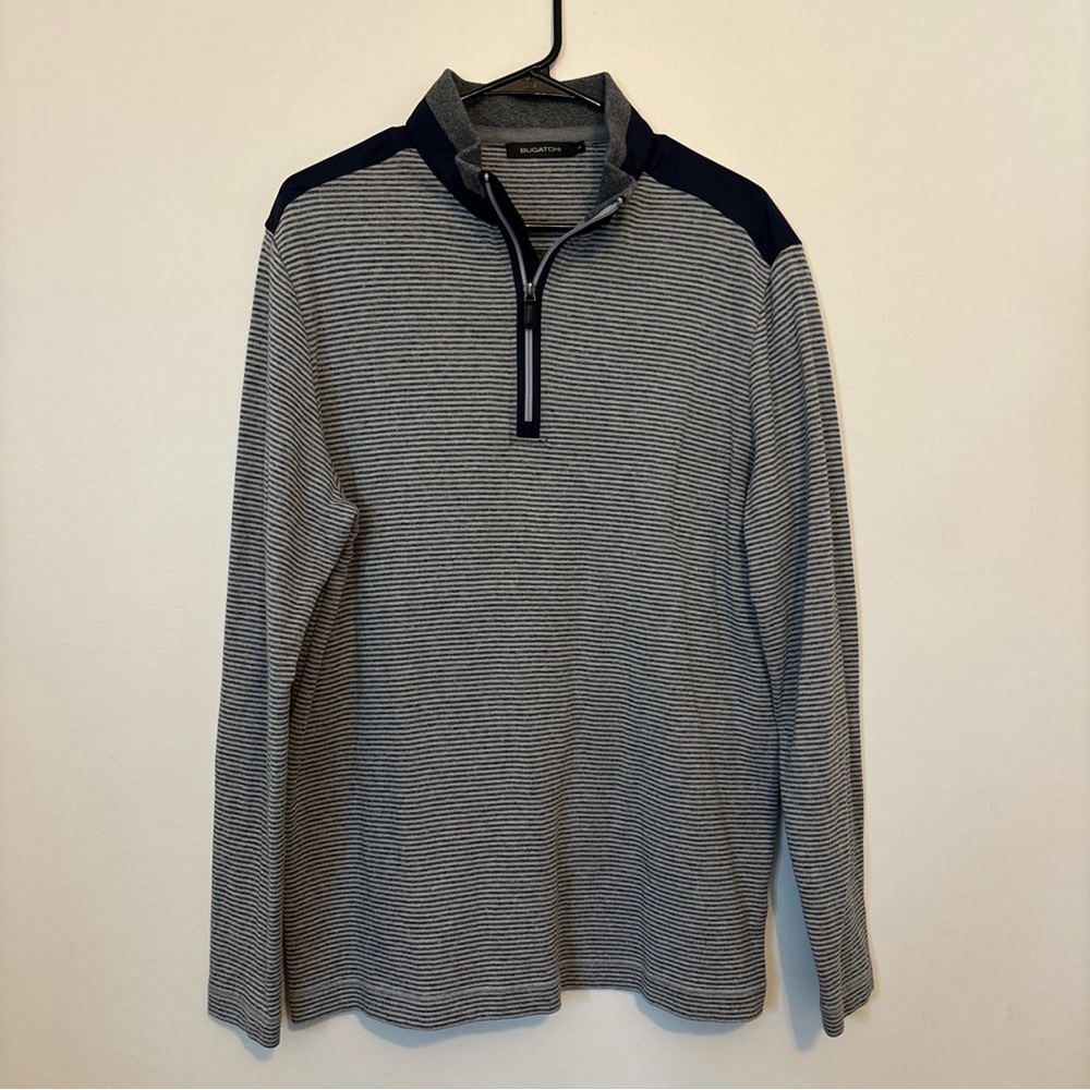 Men's BUGATCHI Striped Quarter-Zip pullover- Gray and Navy Large